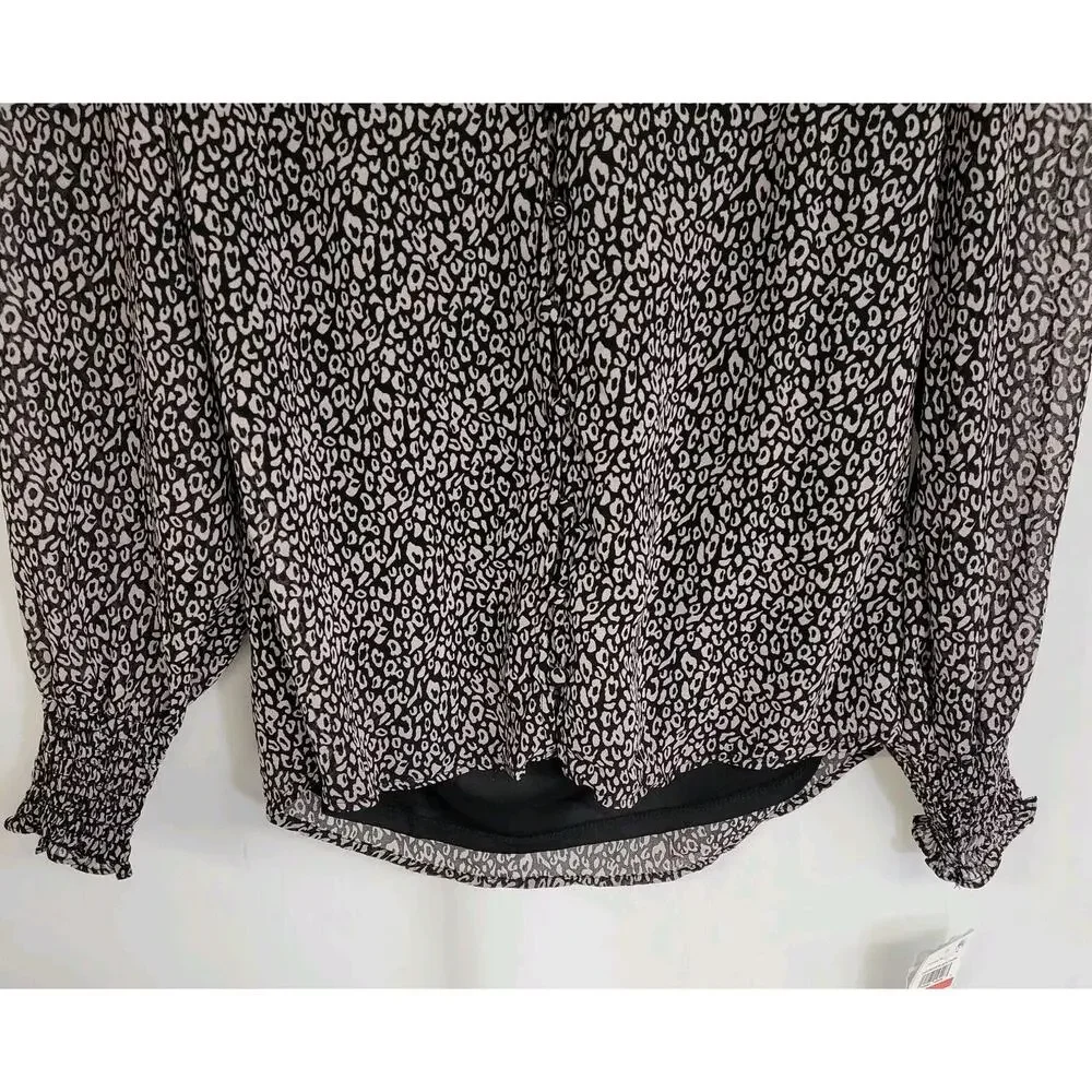 Sam and Jess Black Cheetah Animal Print Chiffon Long Sleeve V-Neck Top XS NWT
